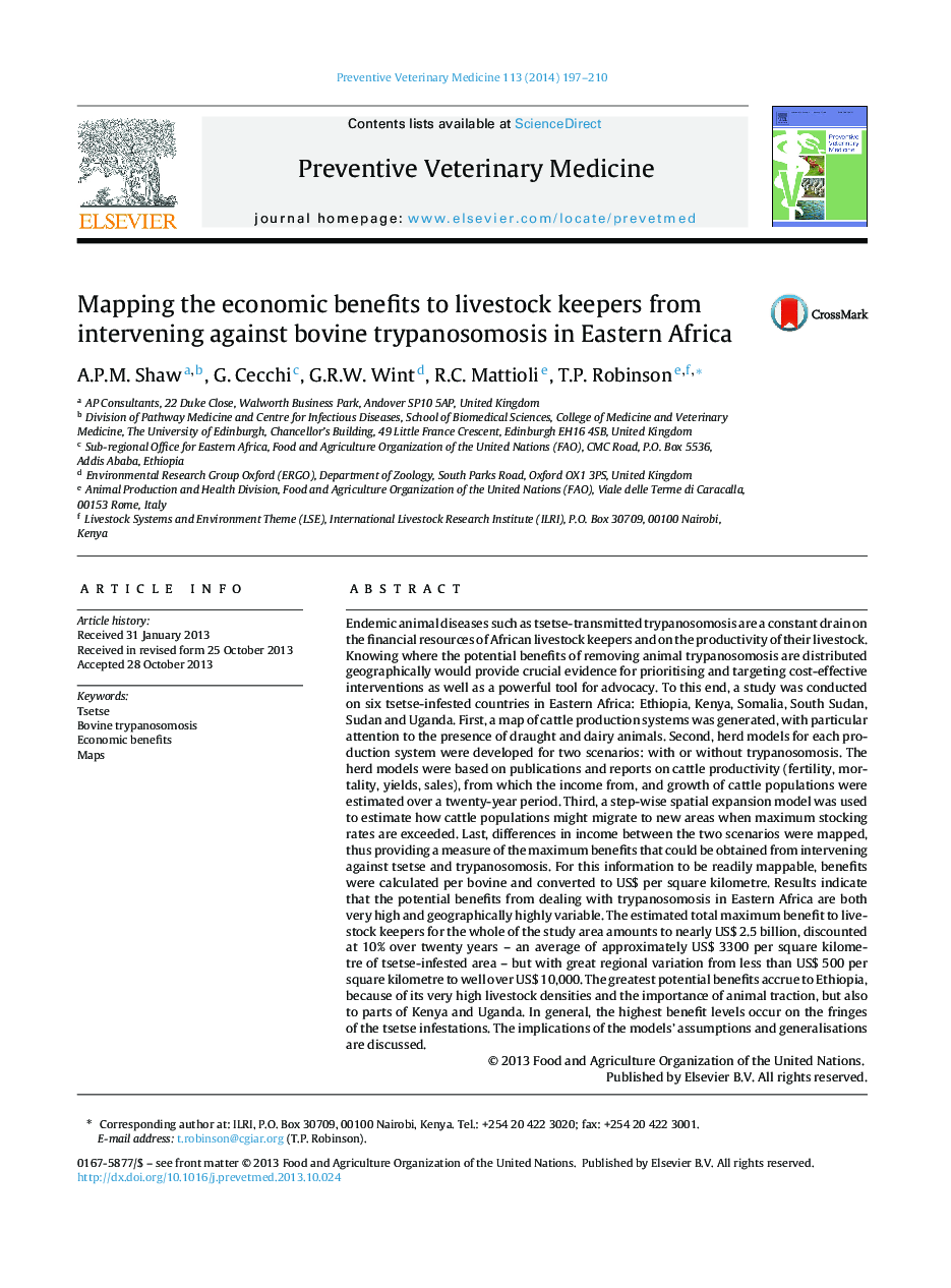 Mapping the economic benefits to livestock keepers from intervening against bovine trypanosomosis in Eastern Africa