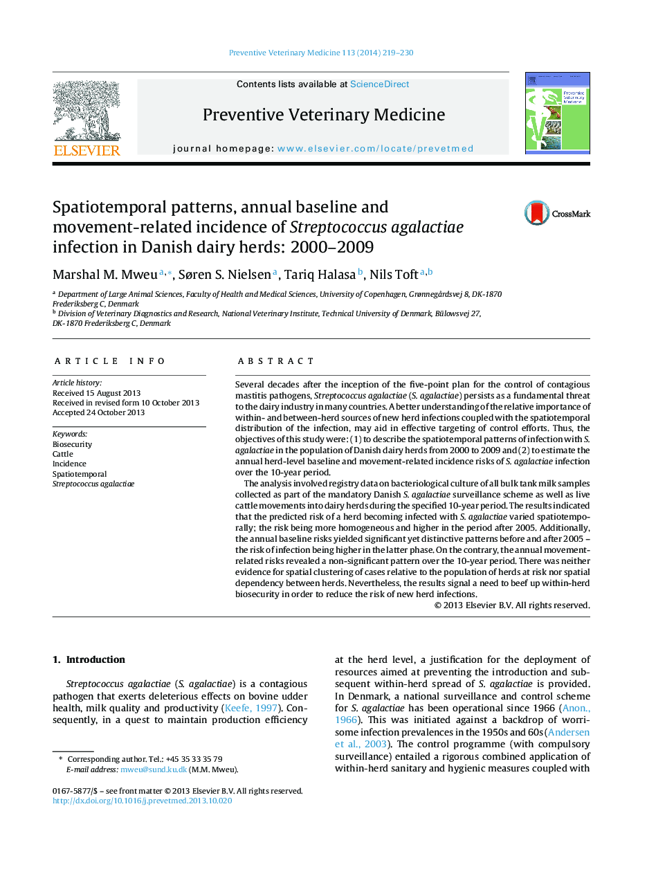 الگوهای اسپکتروموتورال، بروز سالانه ابتلا و بروز عفونت استرپتوکوک آگالاکتیا در گاوهای شیری دانمارکی: 2000 تا 2009 
