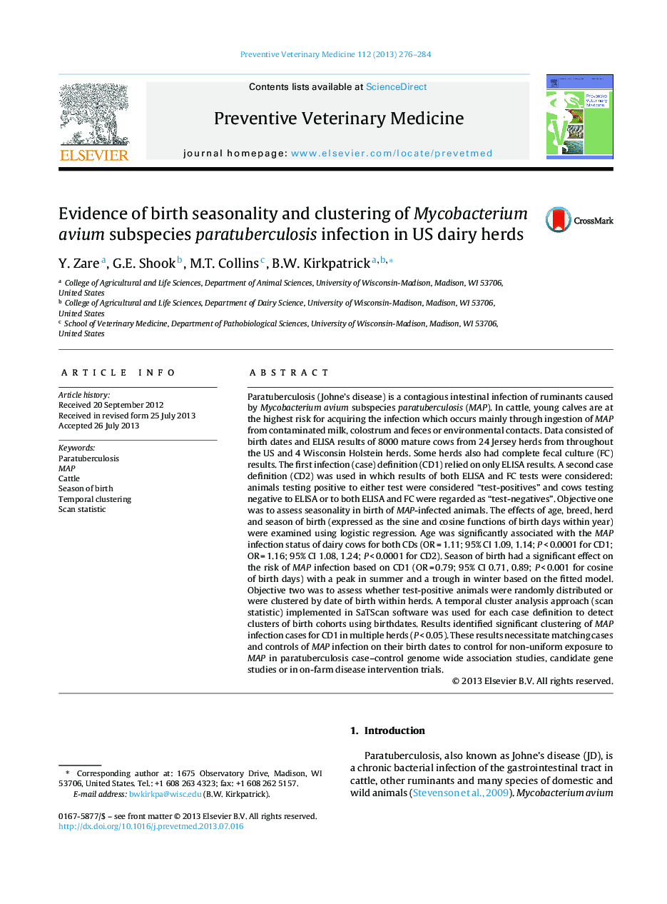 Evidence of birth seasonality and clustering of Mycobacterium avium subspecies paratuberculosis infection in US dairy herds