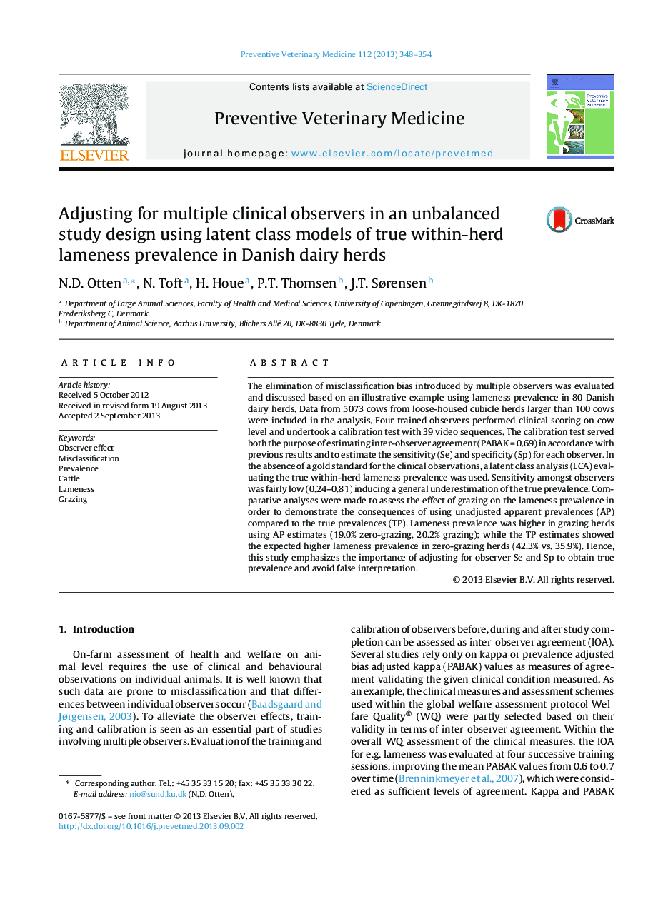 Adjusting for multiple clinical observers in an unbalanced study design using latent class models of true within-herd lameness prevalence in Danish dairy herds