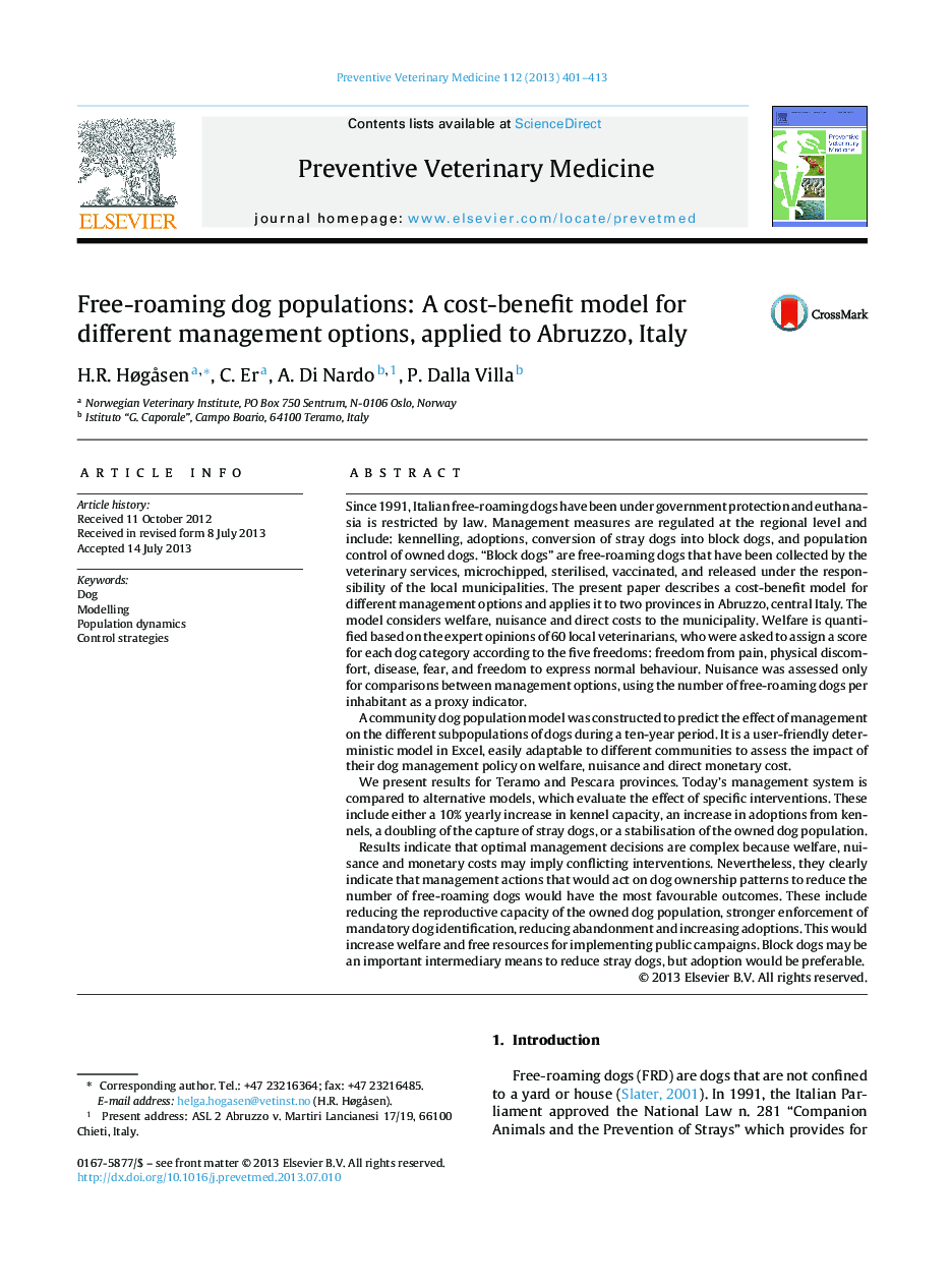 Free-roaming dog populations: A cost-benefit model for different management options, applied to Abruzzo, Italy