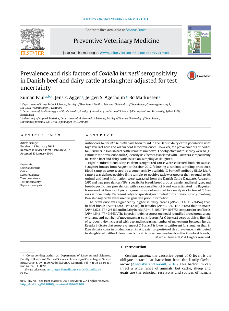 Prevalence and risk factors of Coxiella burnetii seropositivity in Danish beef and dairy cattle at slaughter adjusted for test uncertainty