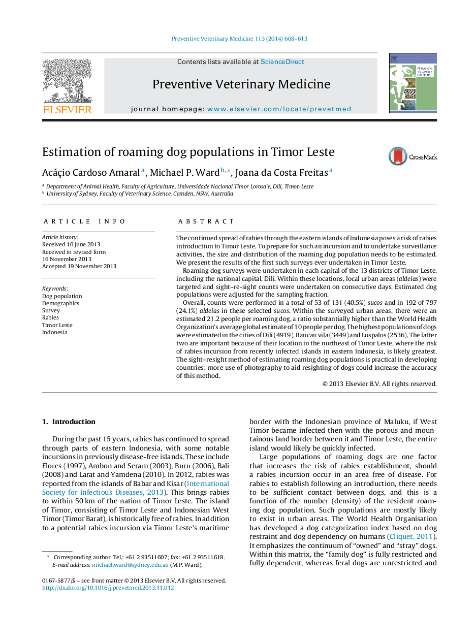 Estimation of roaming dog populations in Timor Leste