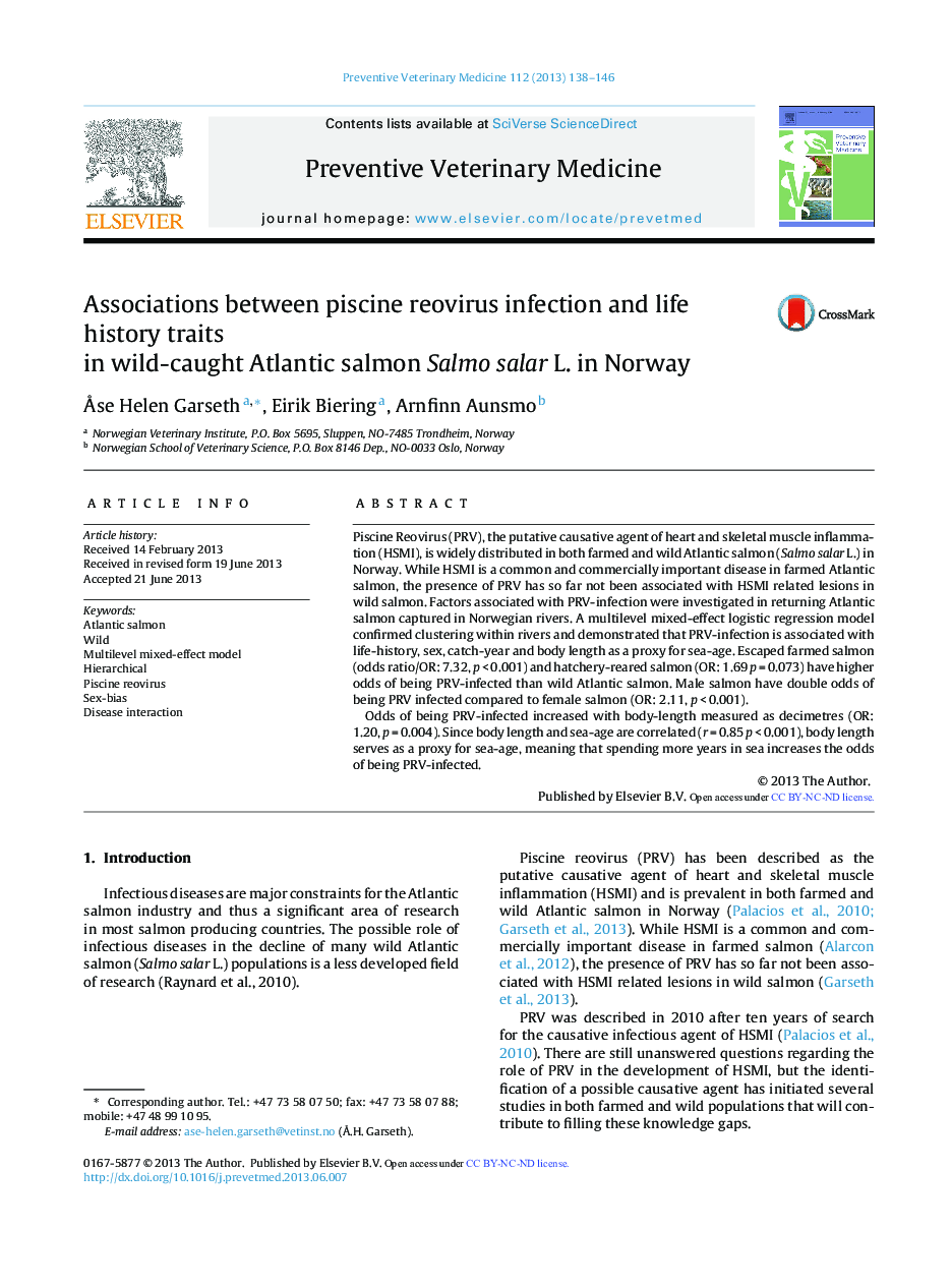 Associations between piscine reovirus infection and life history traits in wild-caught Atlantic salmon Salmo salar L. in Norway