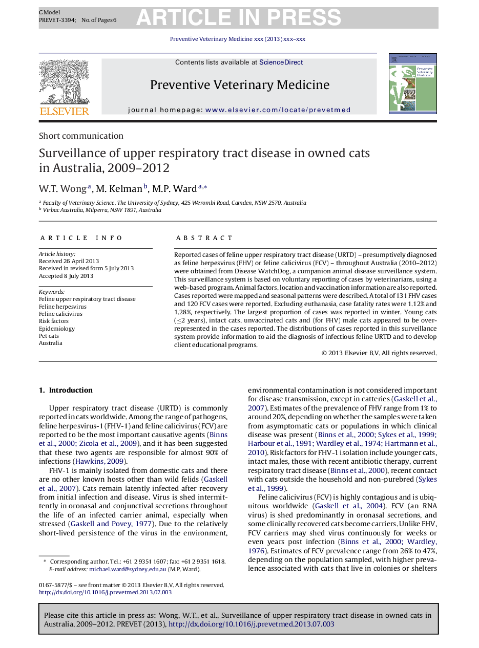 Surveillance of upper respiratory tract disease in owned cats in Australia, 2009-2012