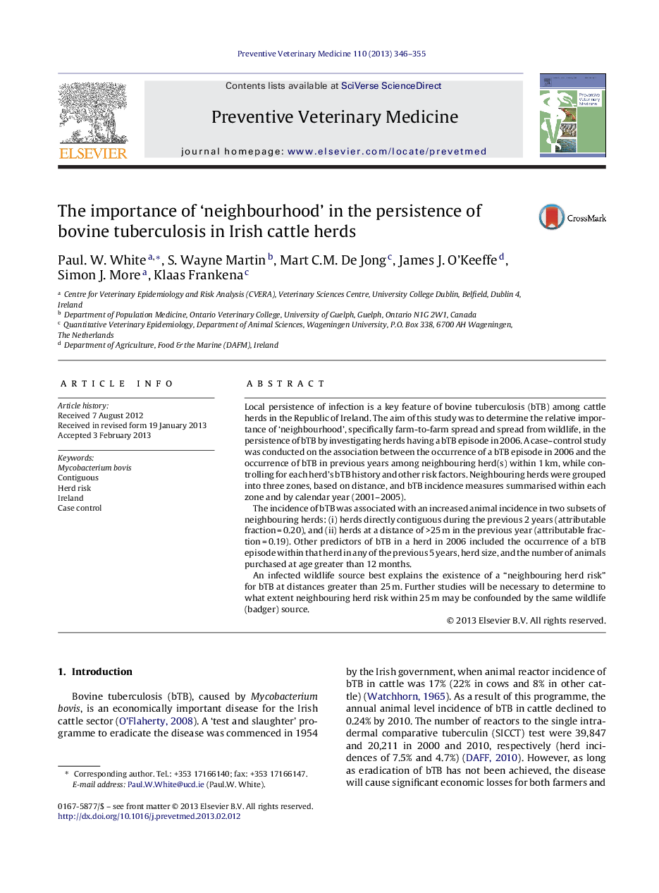 The importance of 'neighbourhood' in the persistence of bovine tuberculosis in Irish cattle herds