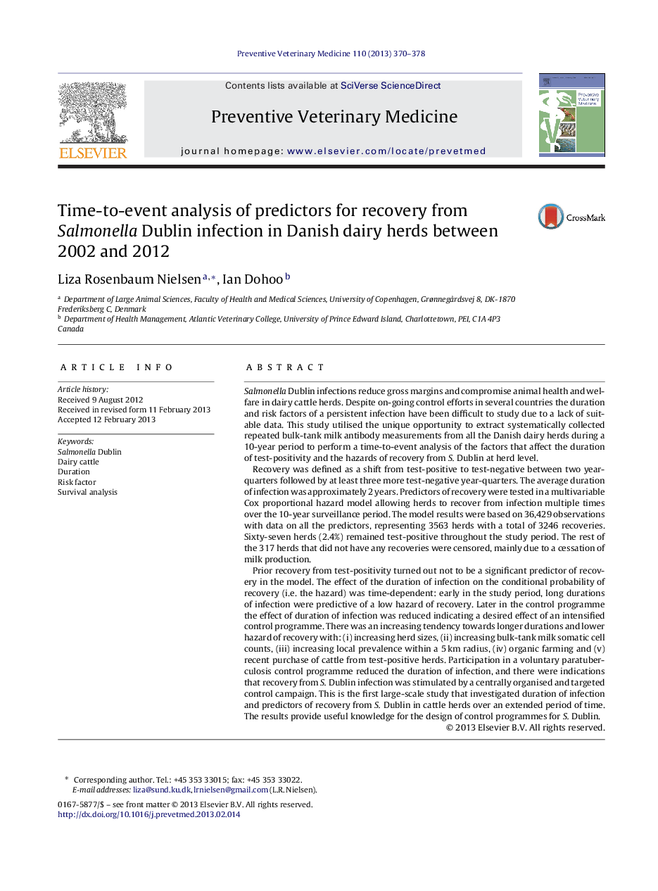 Time-to-event analysis of predictors for recovery from Salmonella Dublin infection in Danish dairy herds between 2002 and 2012