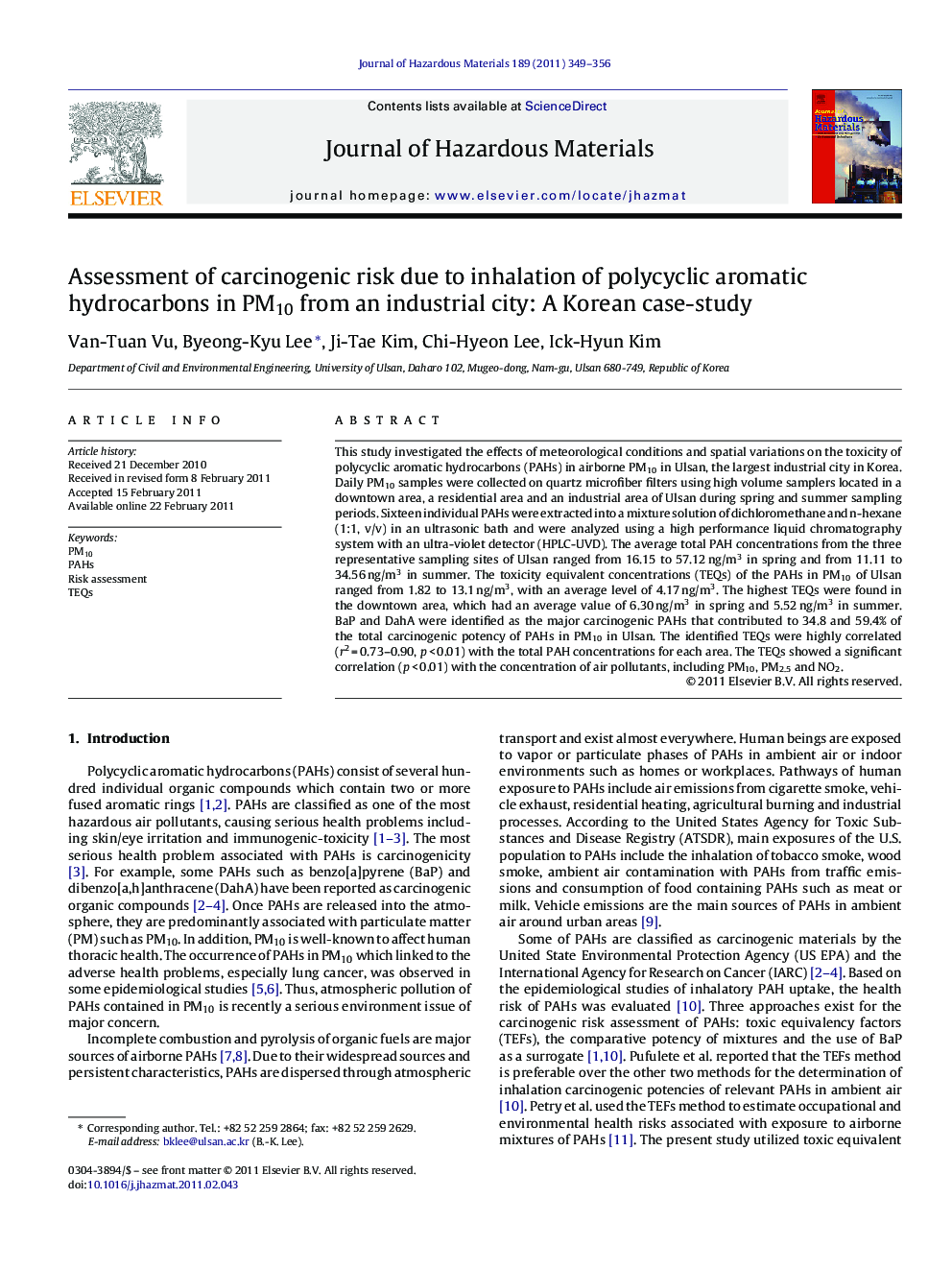 Assessment of carcinogenic risk due to inhalation of polycyclic aromatic hydrocarbons in PM10 from an industrial city: A Korean case-study