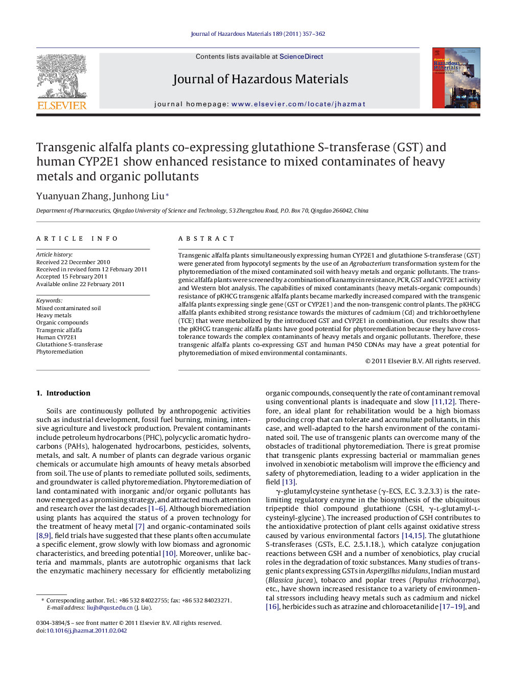 Transgenic alfalfa plants co-expressing glutathione S-transferase (GST) and human CYP2E1 show enhanced resistance to mixed contaminates of heavy metals and organic pollutants