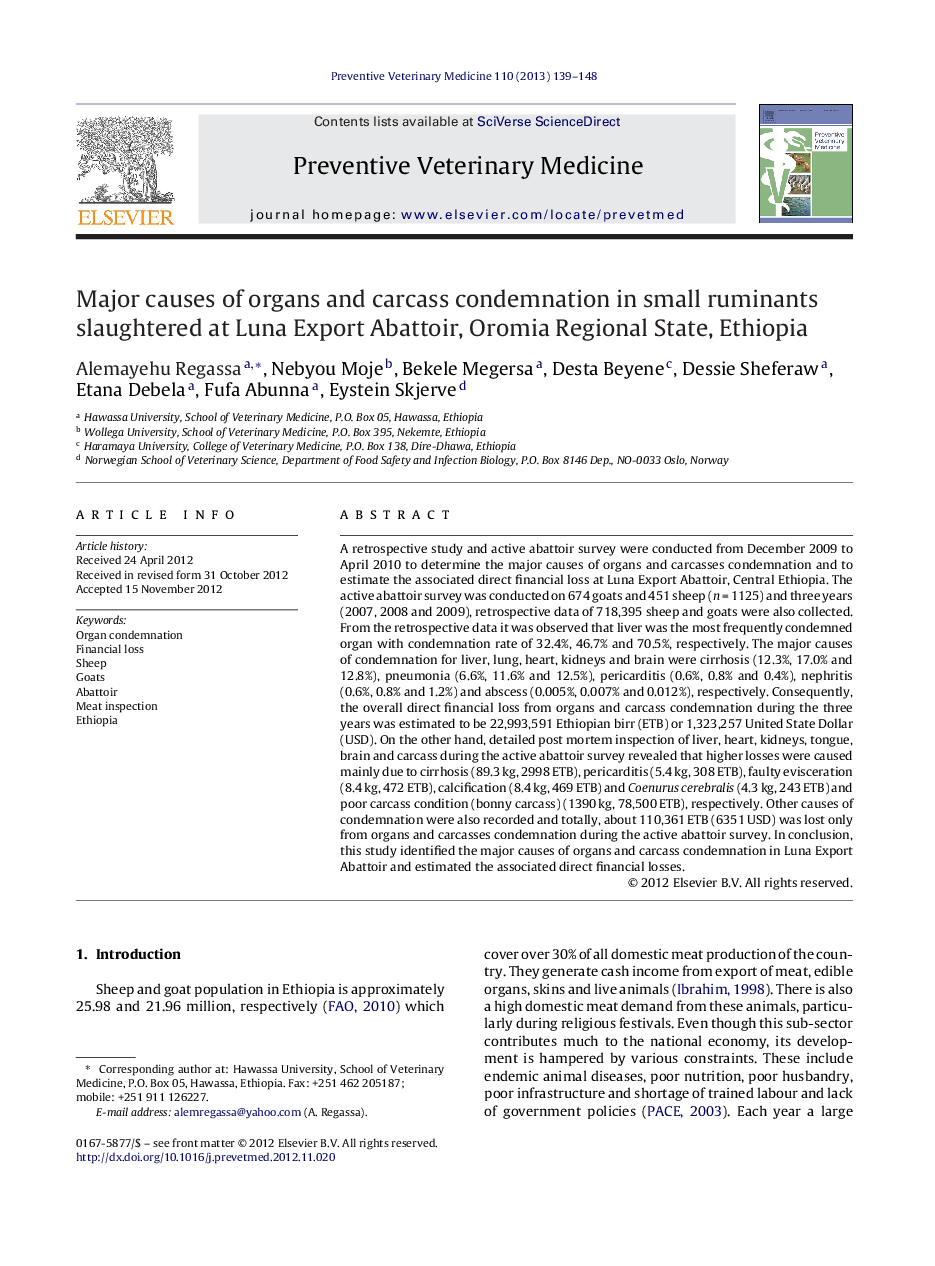 Major causes of organs and carcass condemnation in small ruminants slaughtered at Luna Export Abattoir, Oromia Regional State, Ethiopia