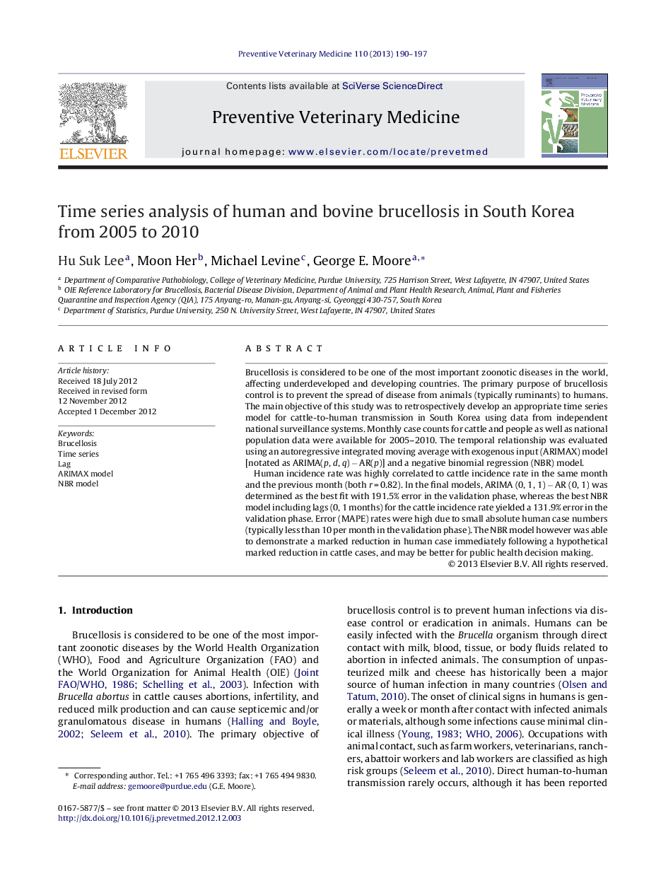 Time series analysis of human and bovine brucellosis in South Korea from 2005 to 2010