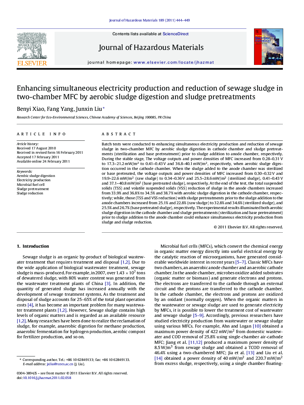 Enhancing simultaneous electricity production and reduction of sewage sludge in two-chamber MFC by aerobic sludge digestion and sludge pretreatments