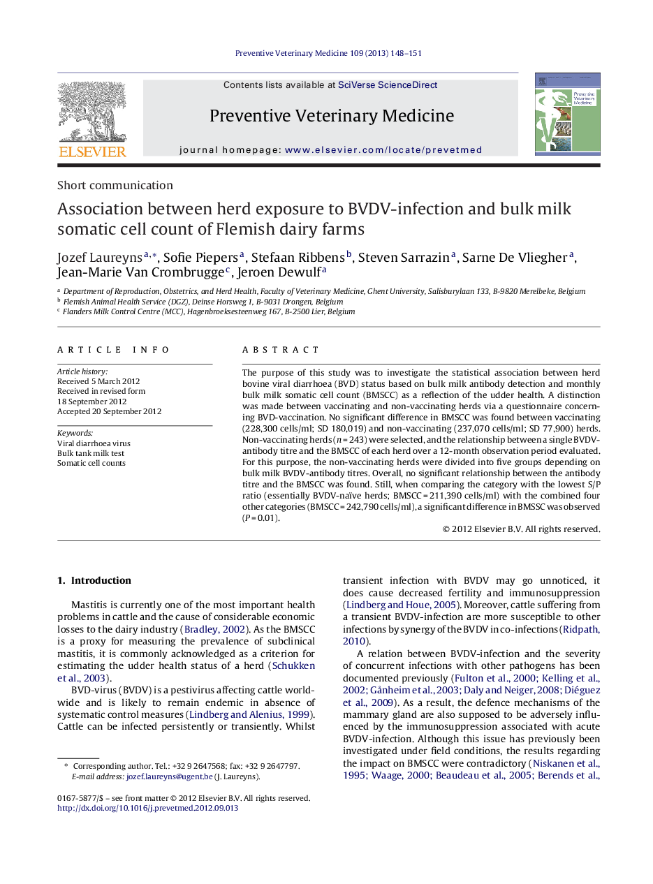 Association between herd exposure to BVDV-infection and bulk milk somatic cell count of Flemish dairy farms