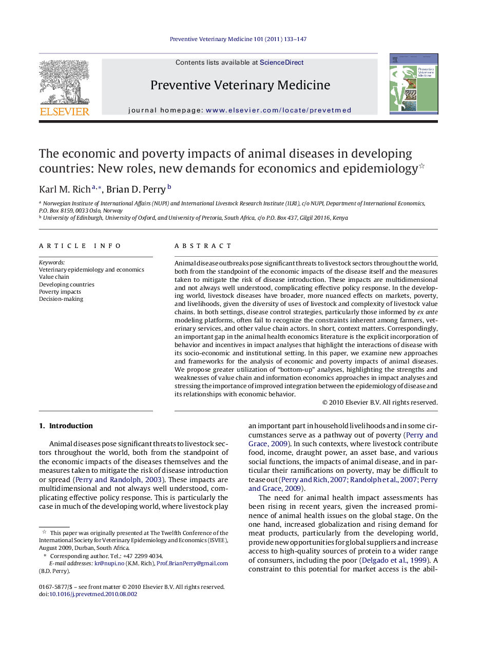 The economic and poverty impacts of animal diseases in developing countries: New roles, new demands for economics and epidemiology