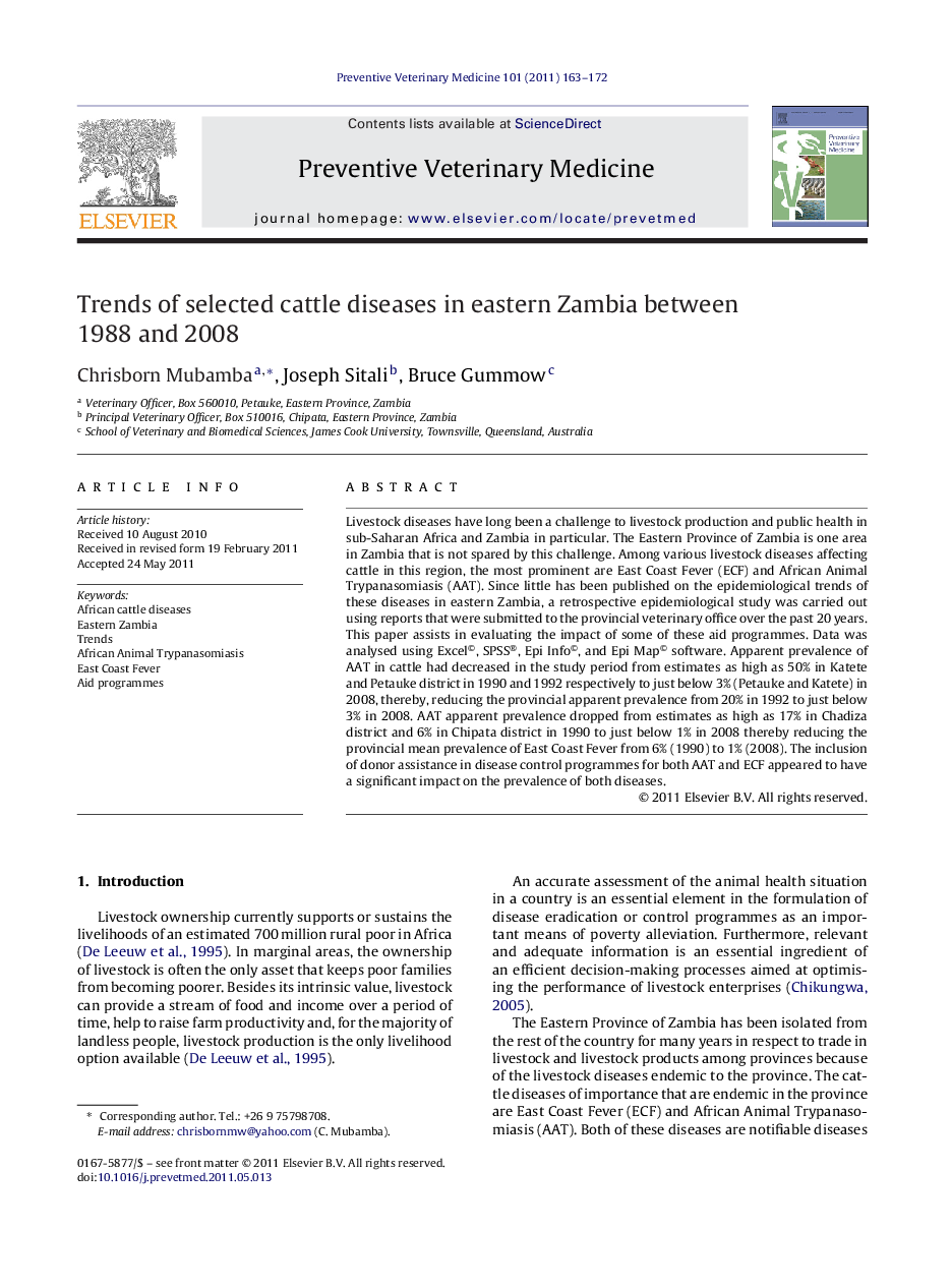 Trends of selected cattle diseases in eastern Zambia between 1988 and 2008