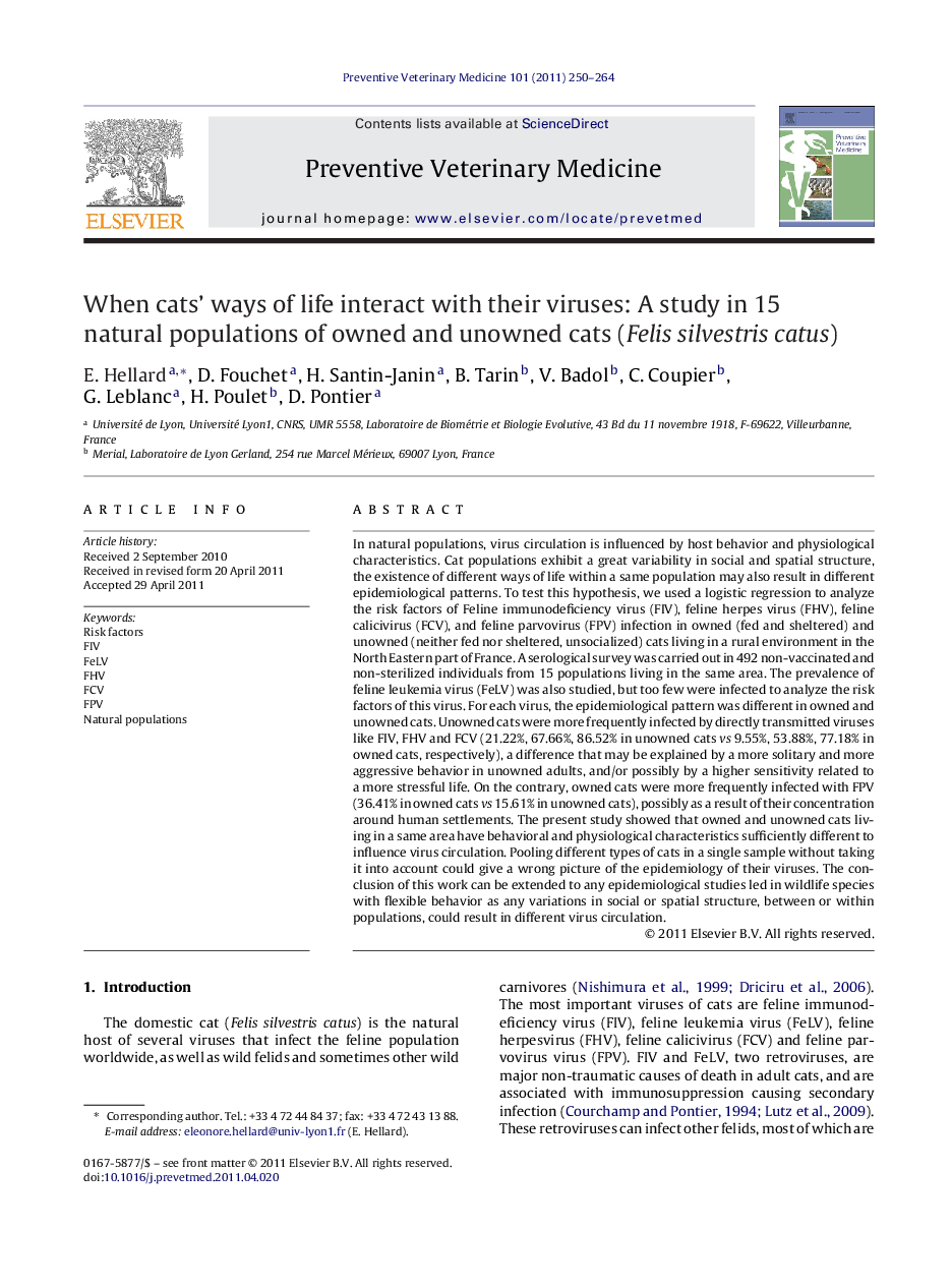 When cats' ways of life interact with their viruses: A study in 15 natural populations of owned and unowned cats (Felis silvestris catus)