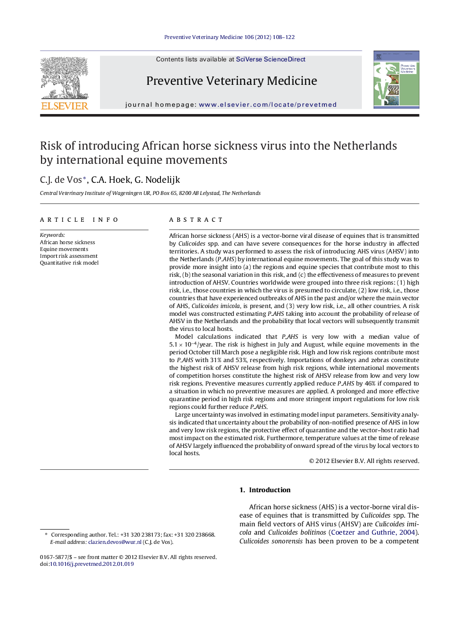 Risk of introducing African horse sickness virus into the Netherlands by international equine movements