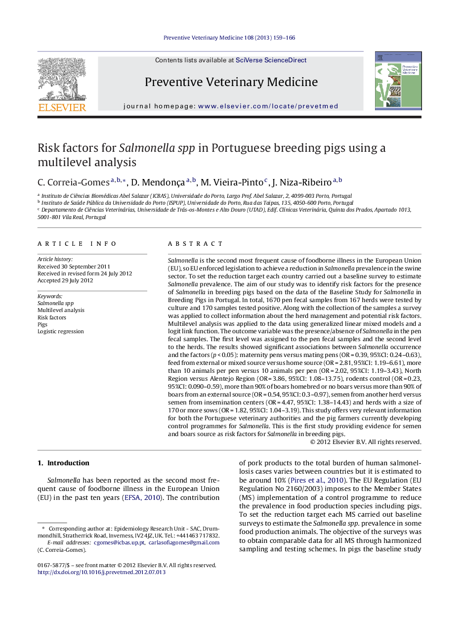 Risk factors for Salmonella spp in Portuguese breeding pigs using a multilevel analysis