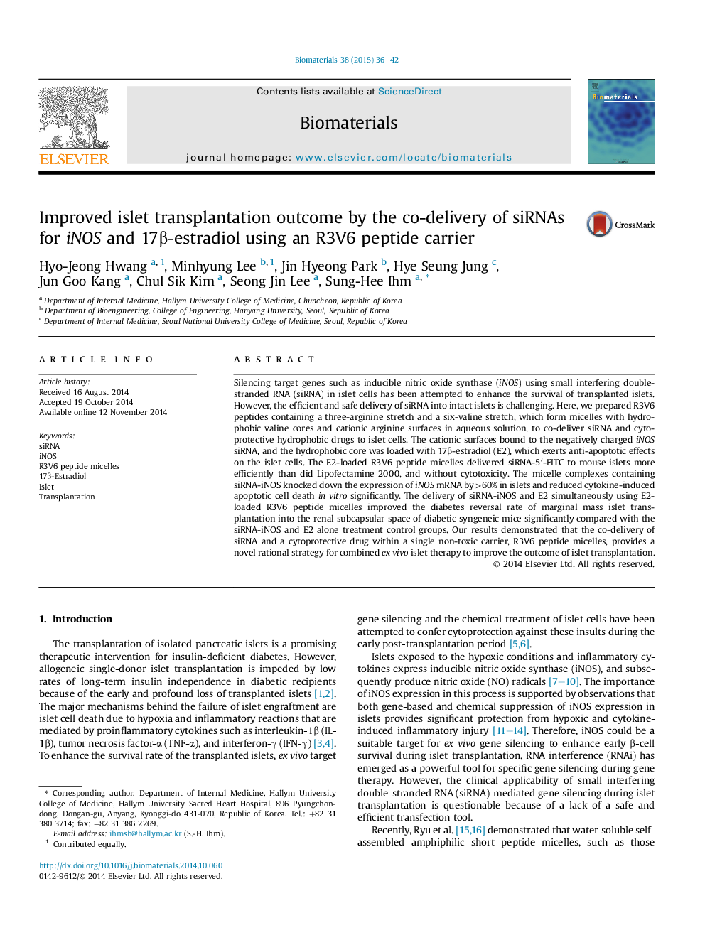 Improved islet transplantation outcome by the co-delivery of siRNAs for iNOS and 17β-estradiol using an R3V6 peptide carrier