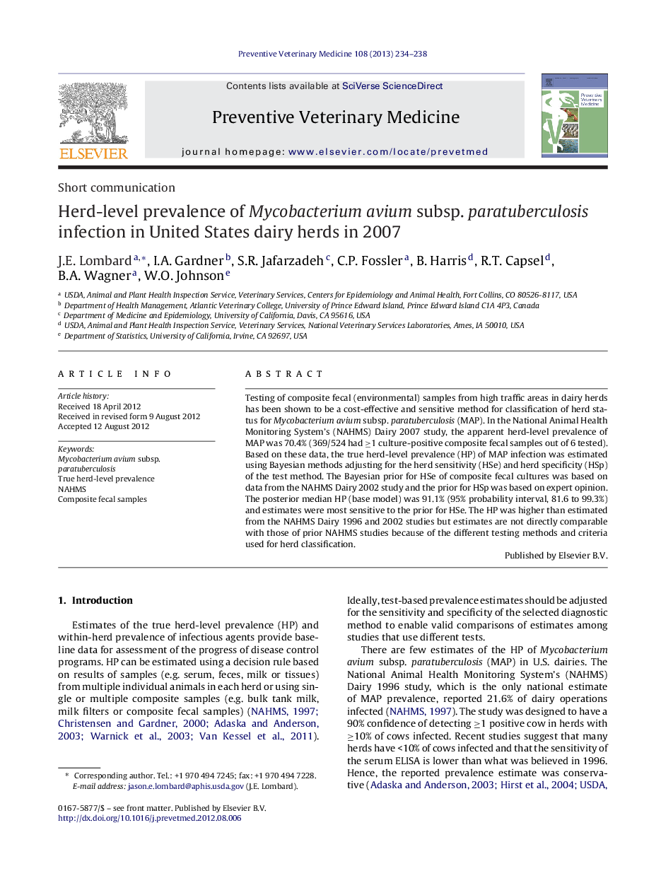 Herd-level prevalence of Mycobacterium avium subsp. paratuberculosis infection in United States dairy herds in 2007