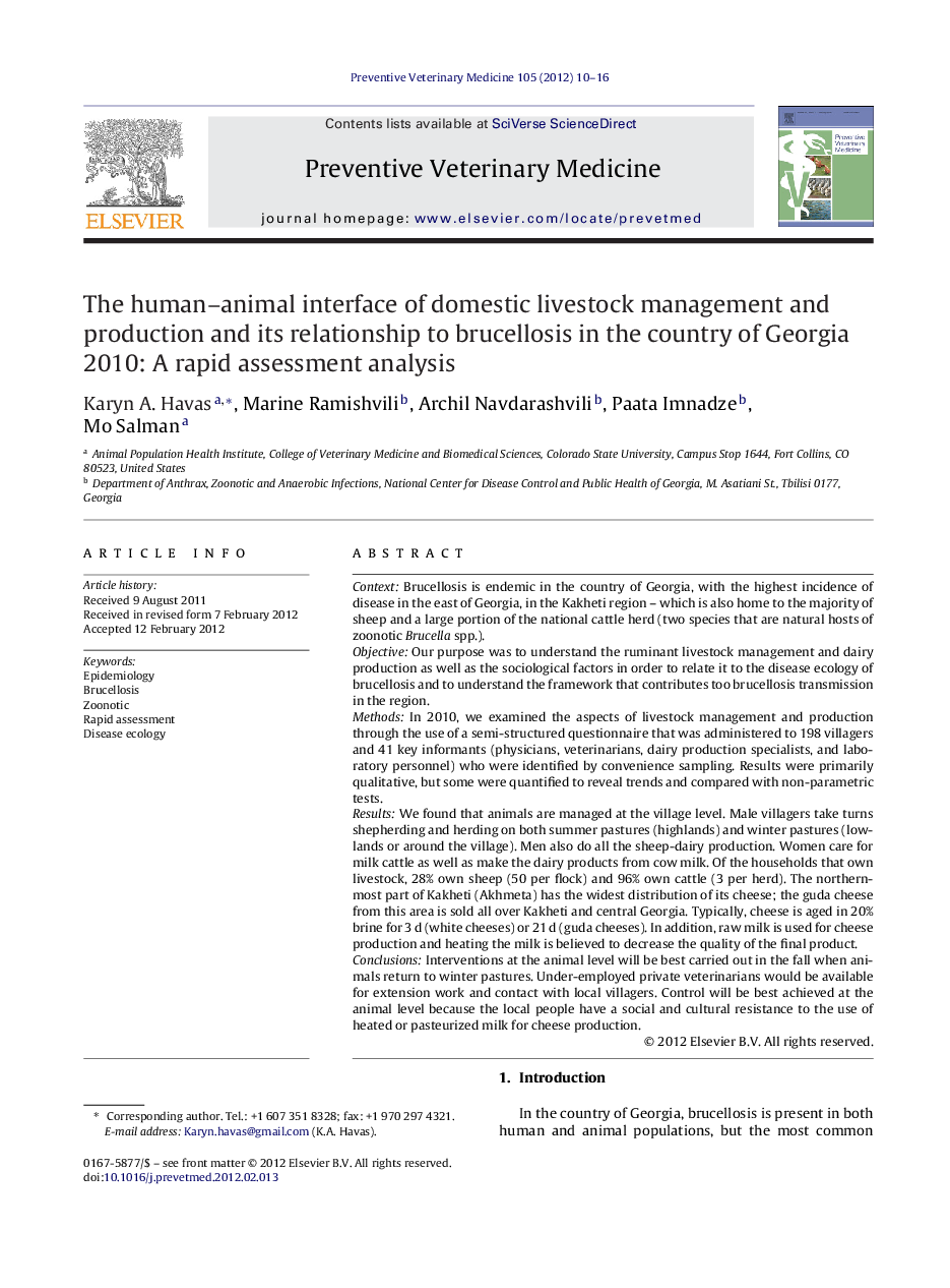 The human-animal interface of domestic livestock management and production and its relationship to brucellosis in the country of Georgia 2010: A rapid assessment analysis