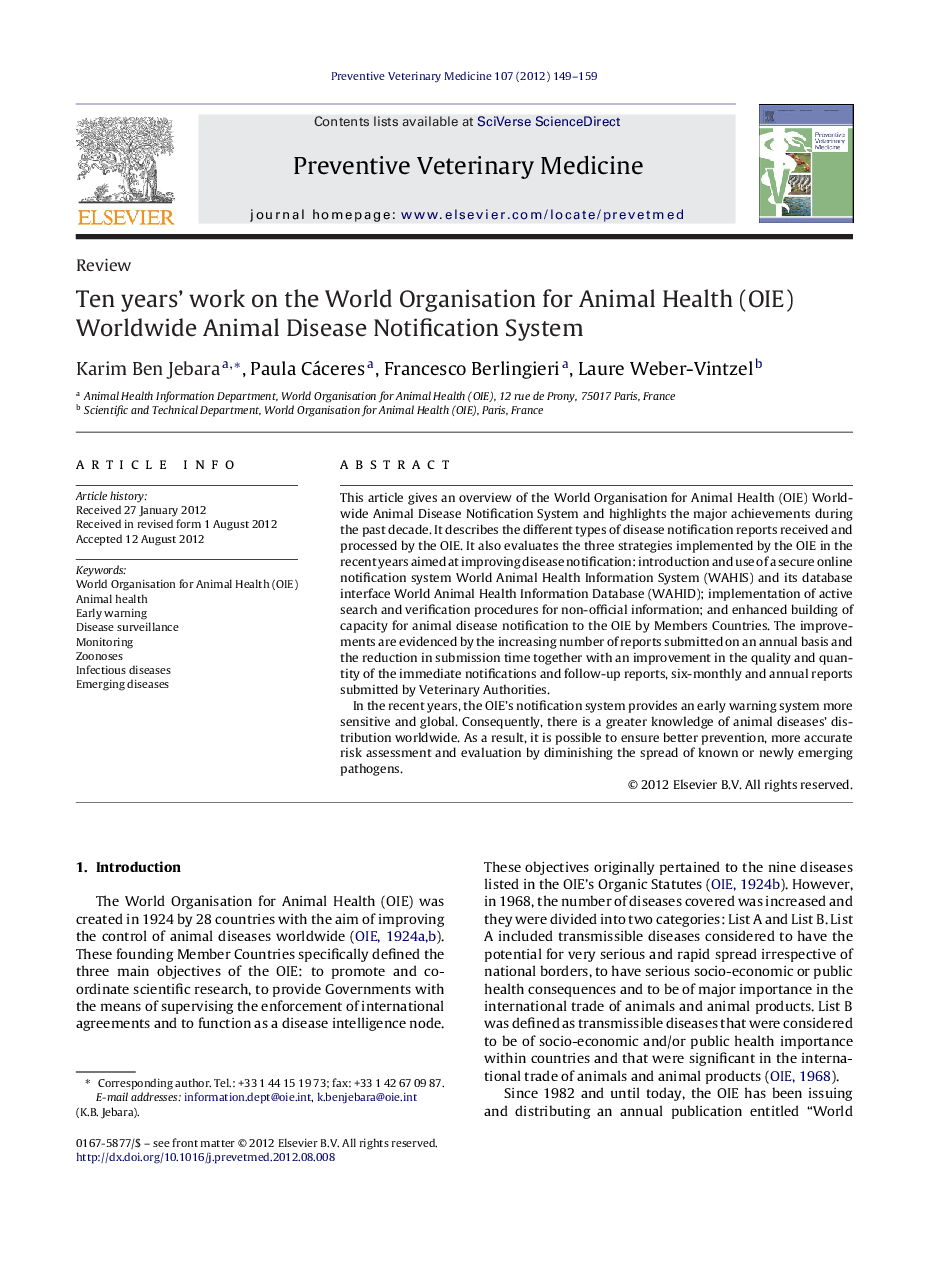 Ten years' work on the World Organisation for Animal Health (OIE) Worldwide Animal Disease Notification System