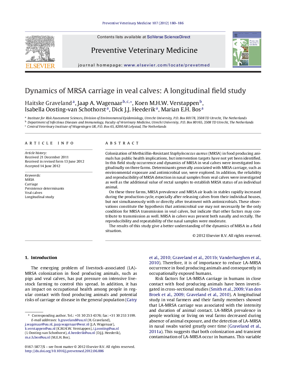 Dynamics of MRSA carriage in veal calves: A longitudinal field study