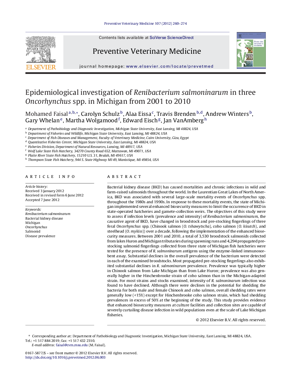 Epidemiological investigation of Renibacterium salmoninarum in three Oncorhynchus spp. in Michigan from 2001 to 2010