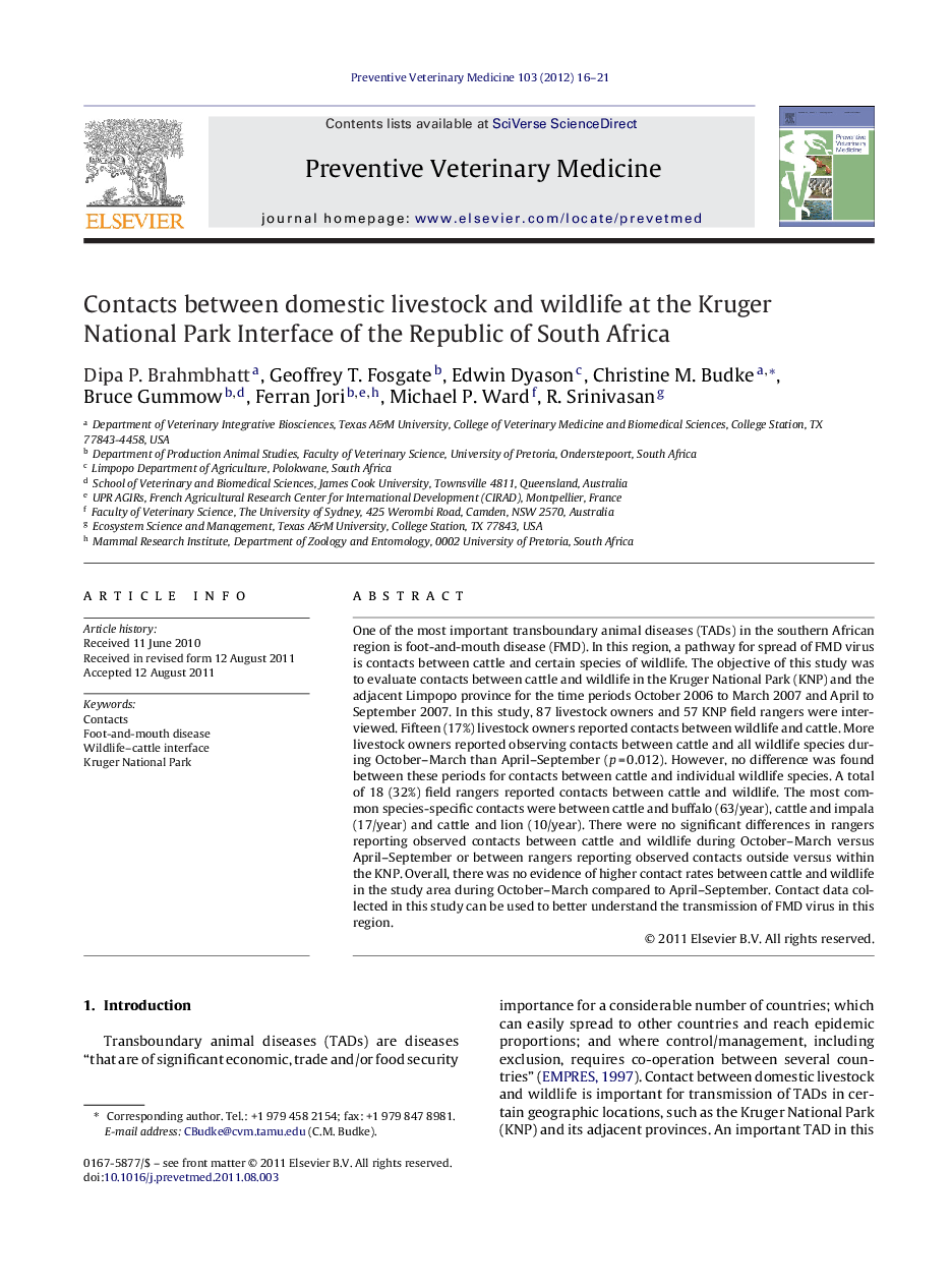 Contacts between domestic livestock and wildlife at the Kruger National Park Interface of the Republic of South Africa