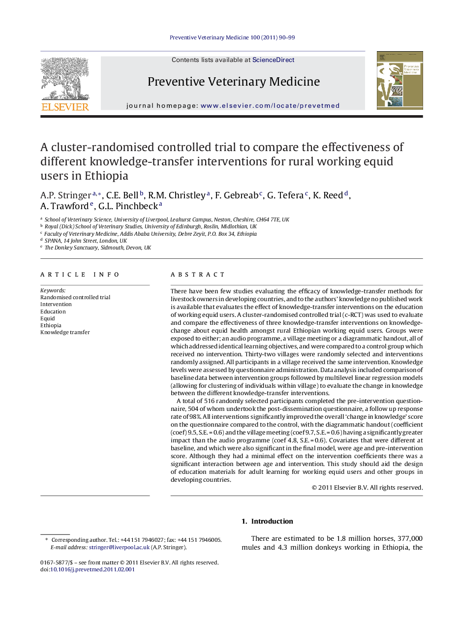 A cluster-randomised controlled trial to compare the effectiveness of different knowledge-transfer interventions for rural working equid users in Ethiopia