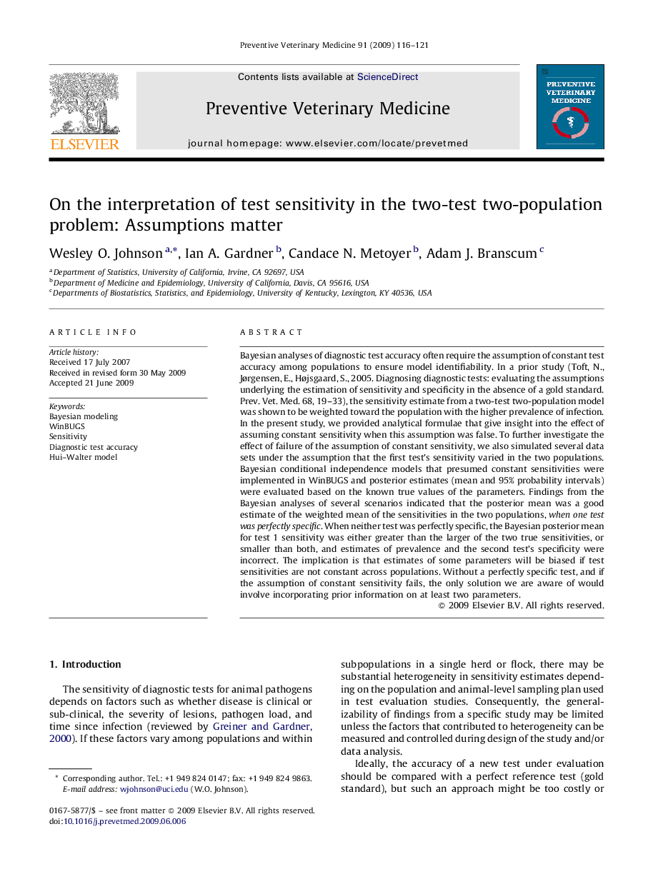 On the interpretation of test sensitivity in the two-test two-population problem: Assumptions matter