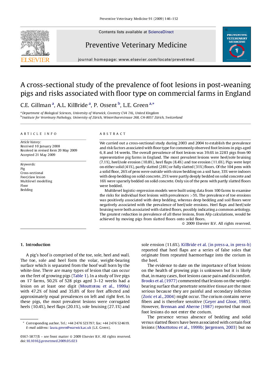 A cross-sectional study of the prevalence of foot lesions in post-weaning pigs and risks associated with floor type on commercial farms in England