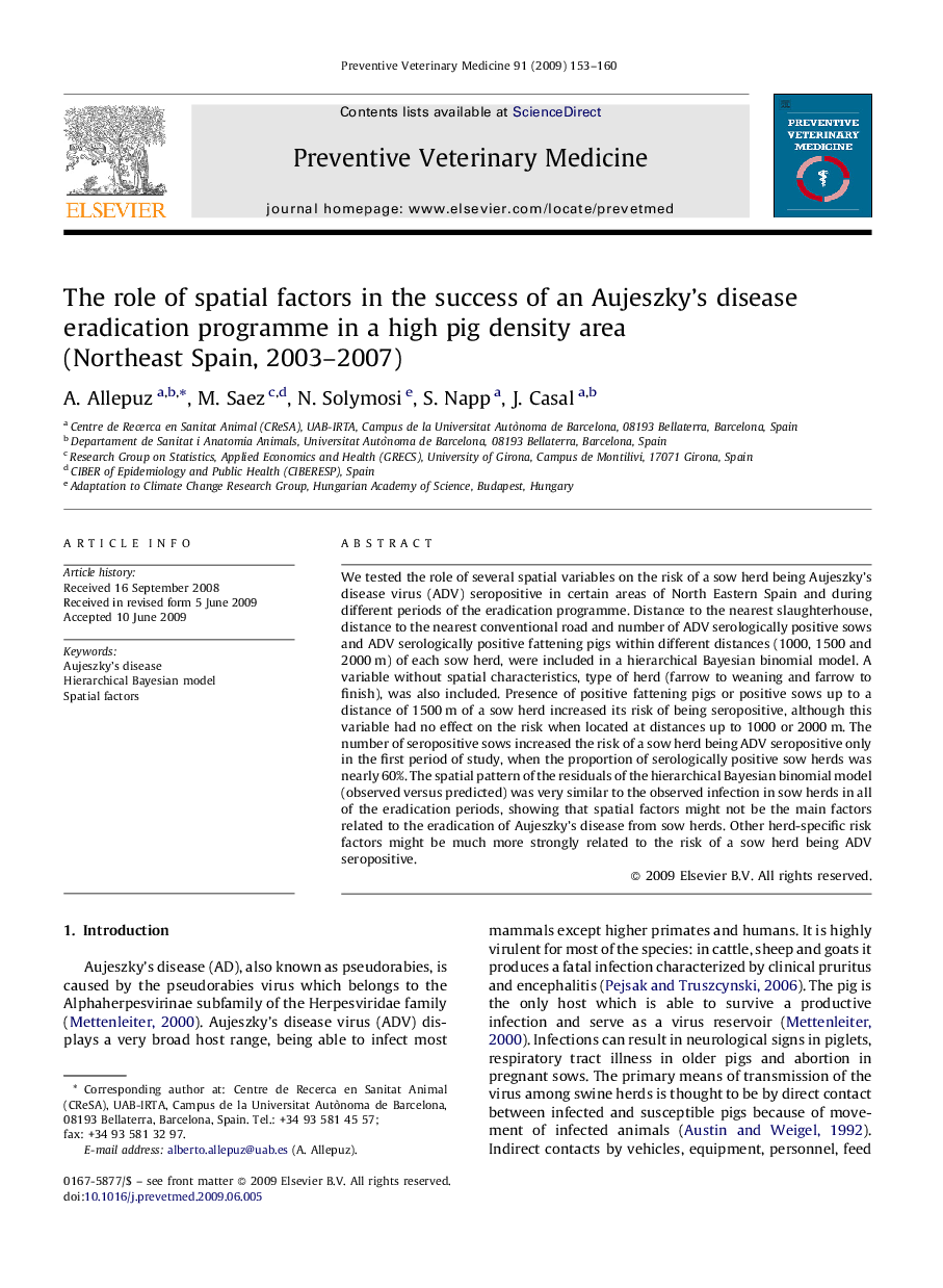 The role of spatial factors in the success of an Aujeszky's disease eradication programme in a high pig density area (Northeast Spain, 2003-2007)