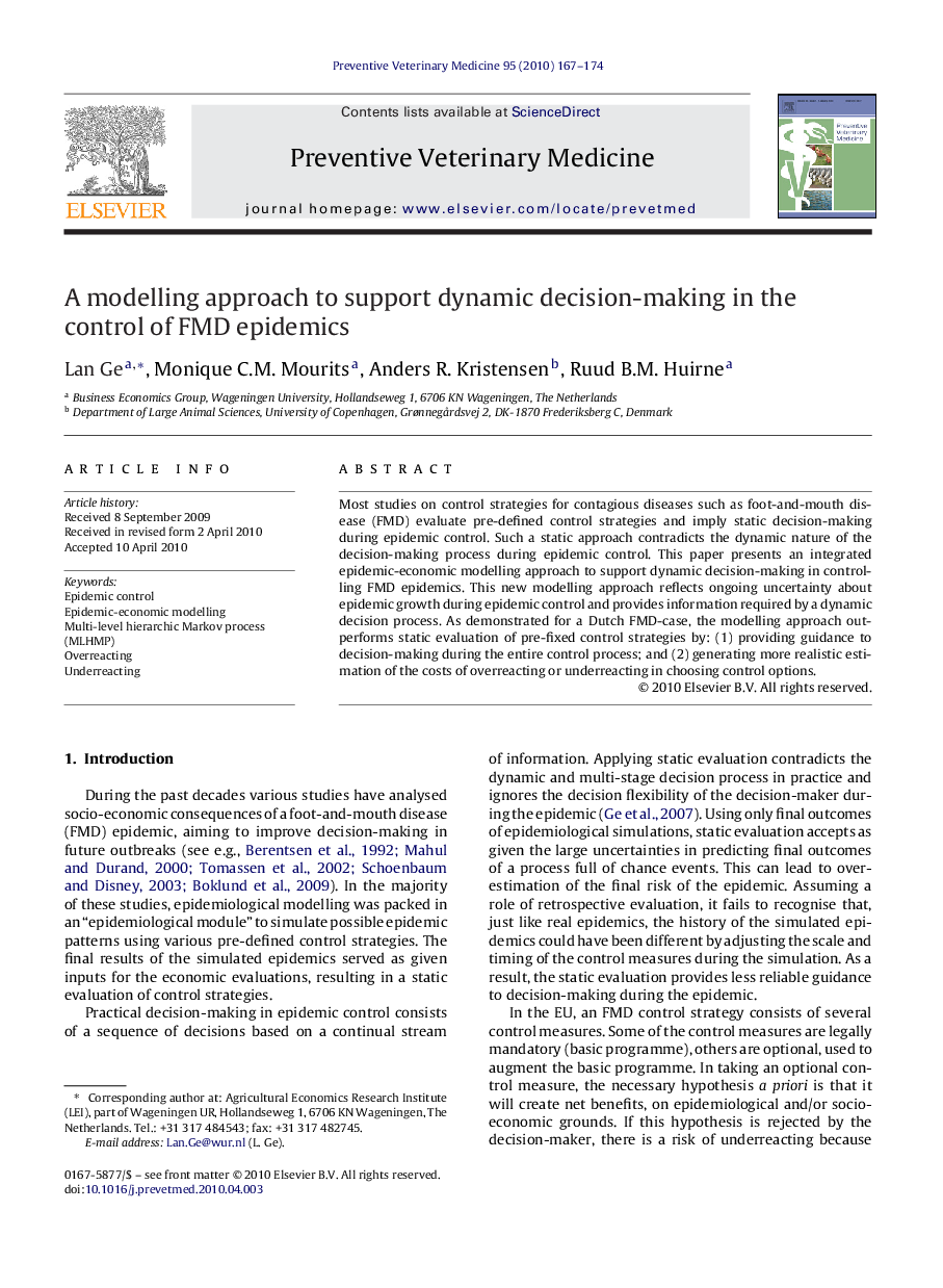 A modelling approach to support dynamic decision-making in the control of FMD epidemics