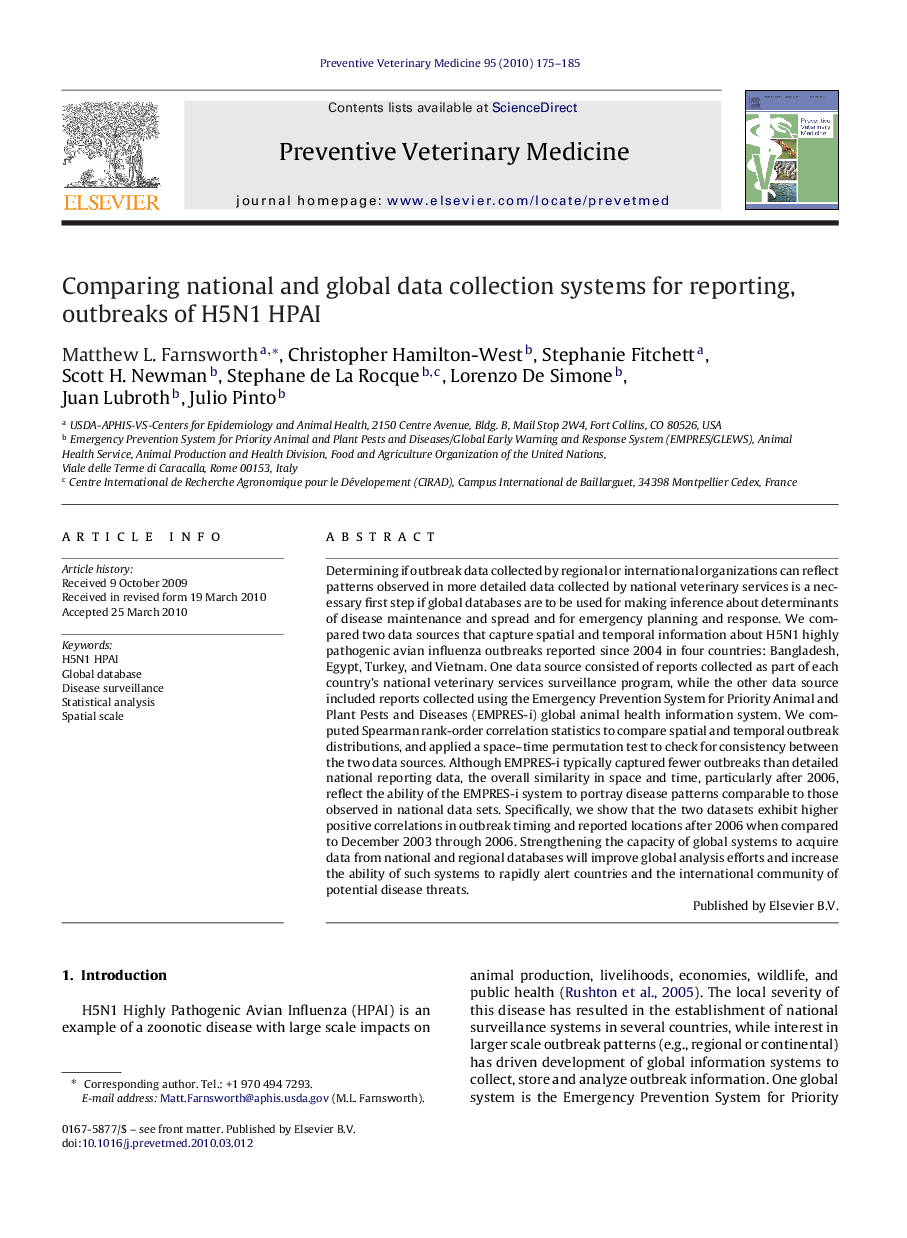 Comparing national and global data collection systems for reporting, outbreaks of H5N1 HPAI