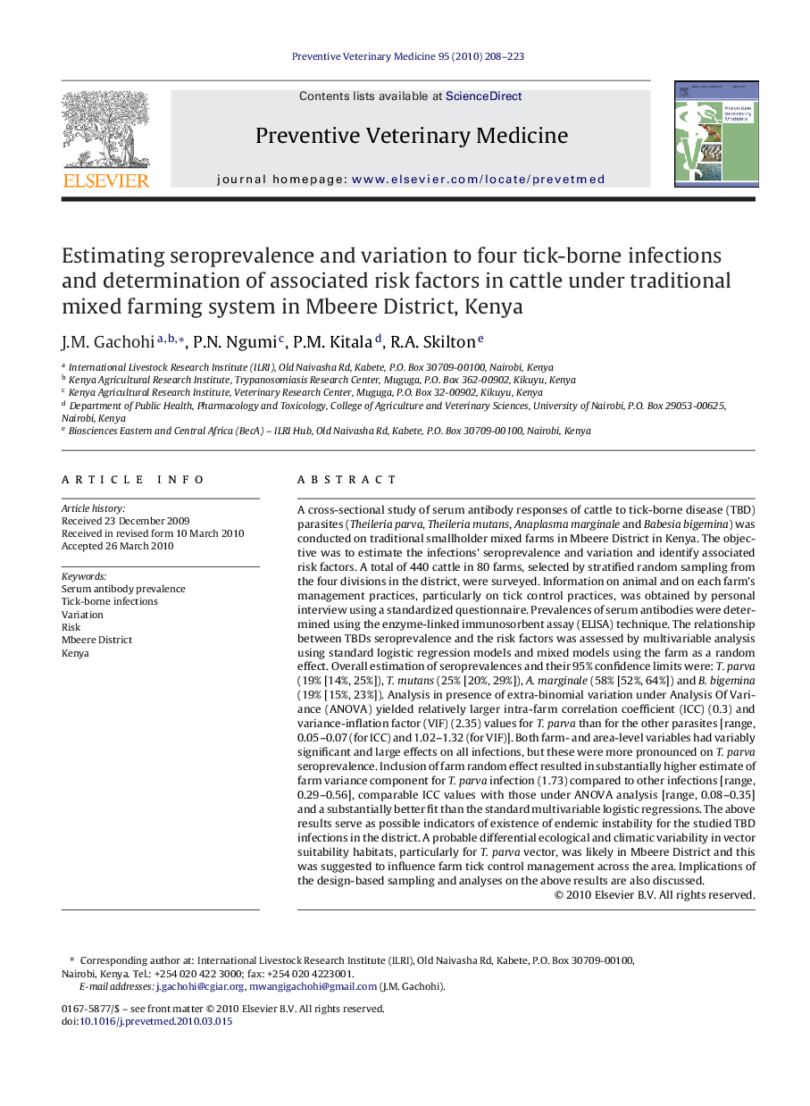 Estimating seroprevalence and variation to four tick-borne infections and determination of associated risk factors in cattle under traditional mixed farming system in Mbeere District, Kenya