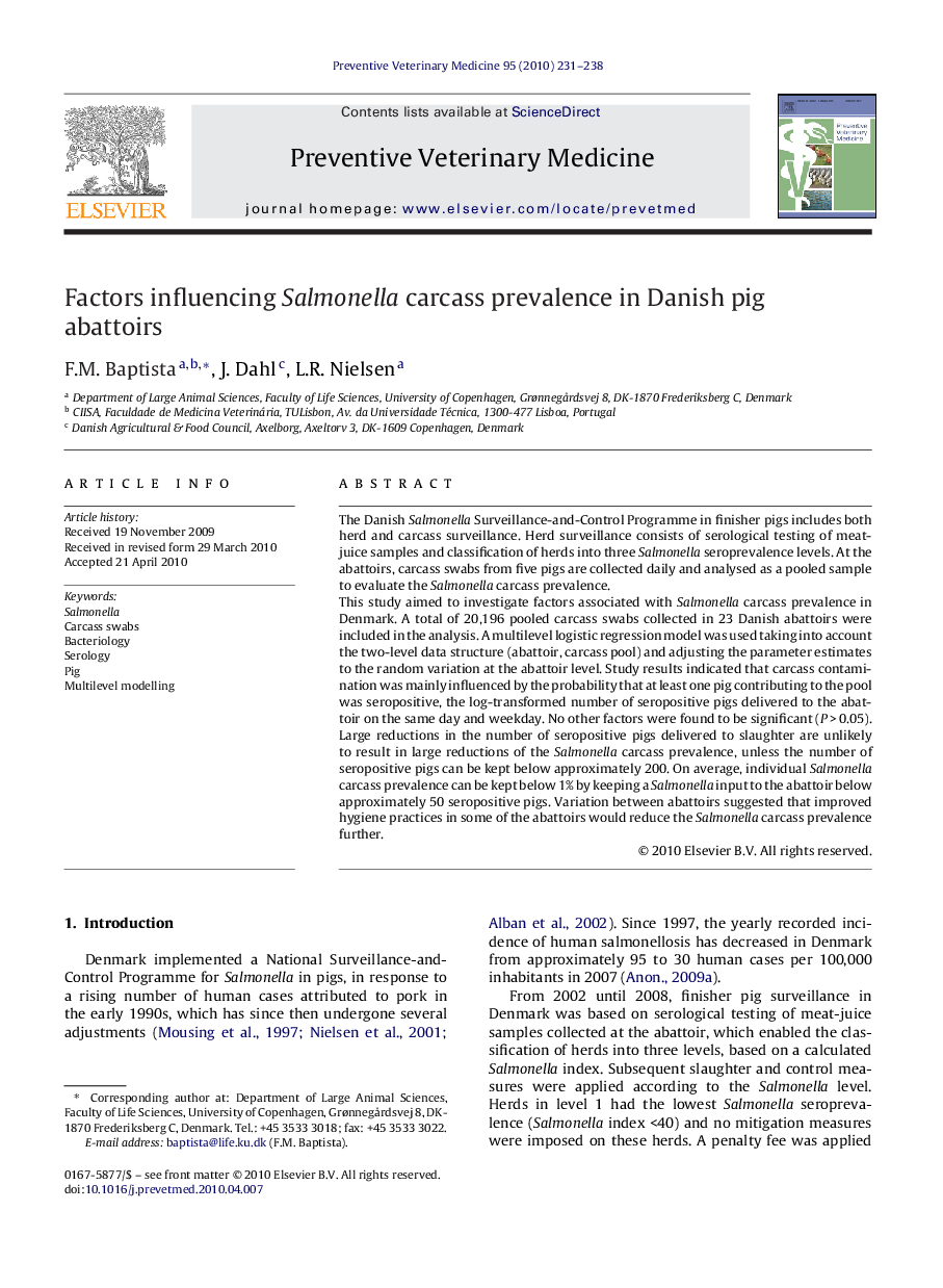 Factors influencing Salmonella carcass prevalence in Danish pig abattoirs