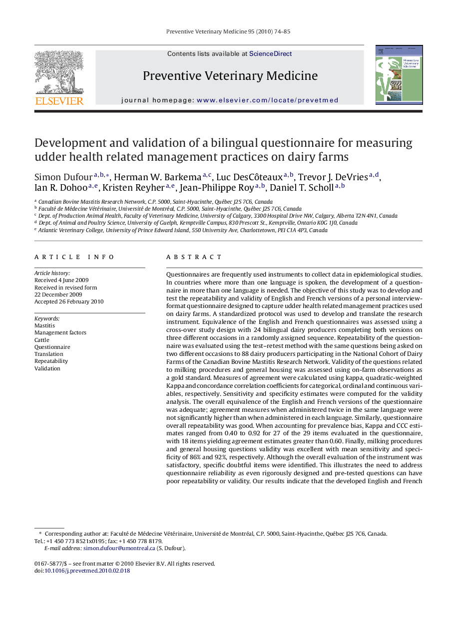 Development and validation of a bilingual questionnaire for measuring udder health related management practices on dairy farms