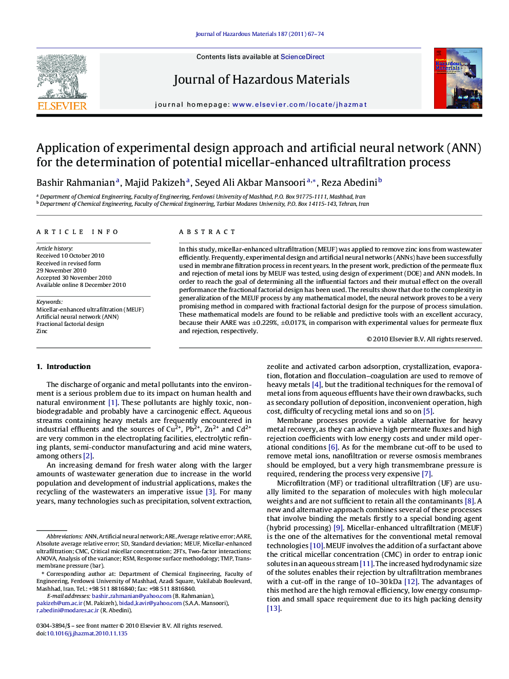 Application of experimental design approach and artificial neural network (ANN) for the determination of potential micellar-enhanced ultrafiltration process