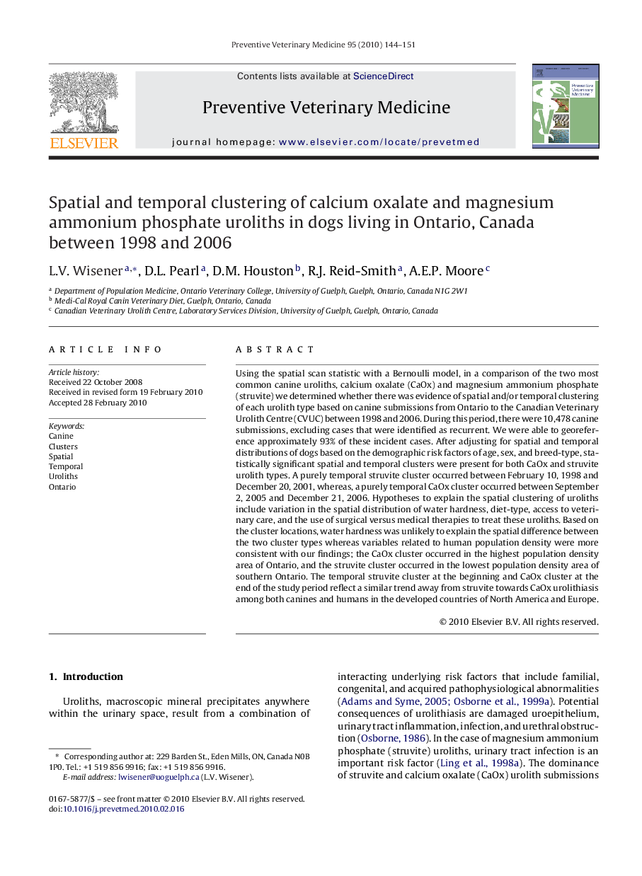 Spatial and temporal clustering of calcium oxalate and magnesium ammonium phosphate uroliths in dogs living in Ontario, Canada between 1998 and 2006