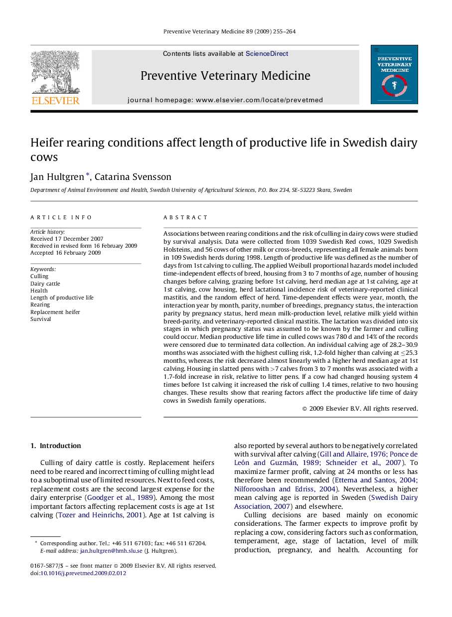 Heifer rearing conditions affect length of productive life in Swedish dairy cows