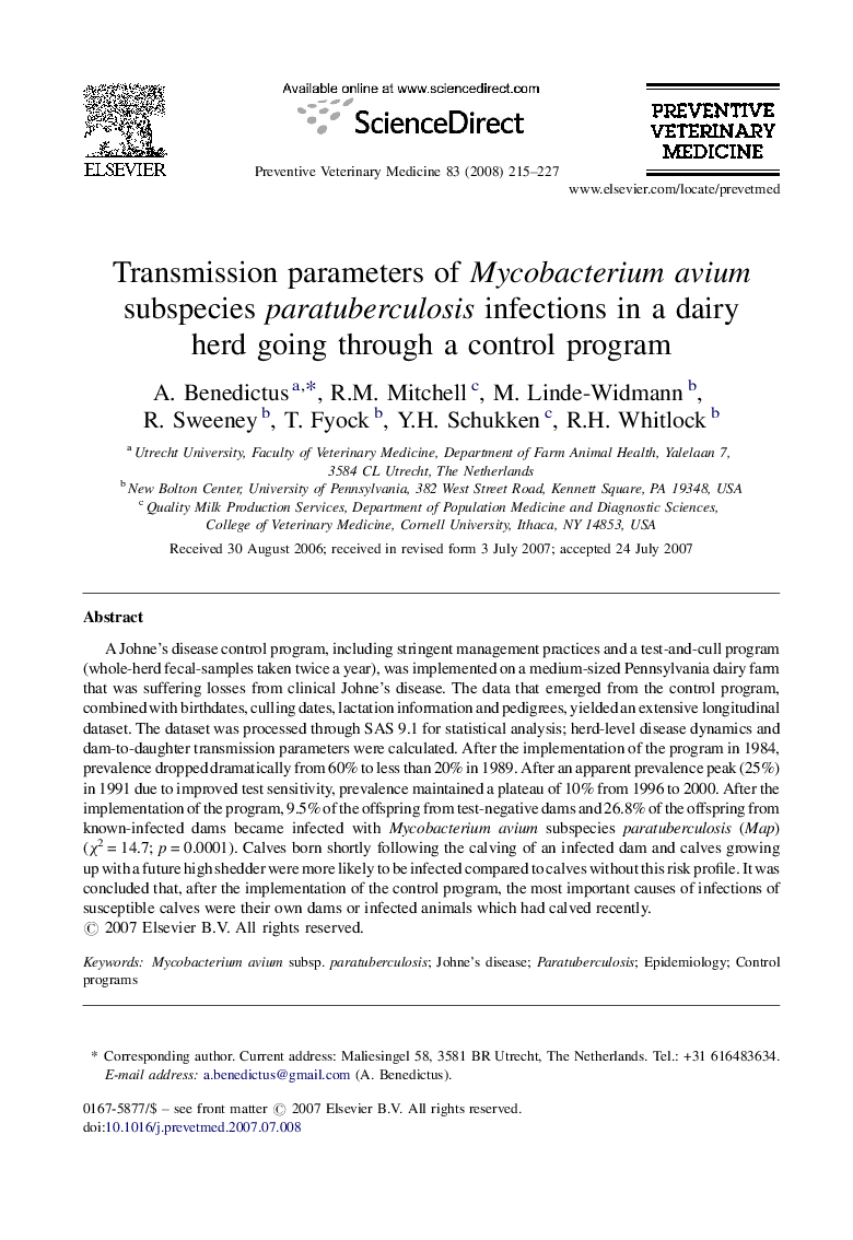 Transmission parameters of Mycobacterium avium subspecies paratuberculosis infections in a dairy herd going through a control program