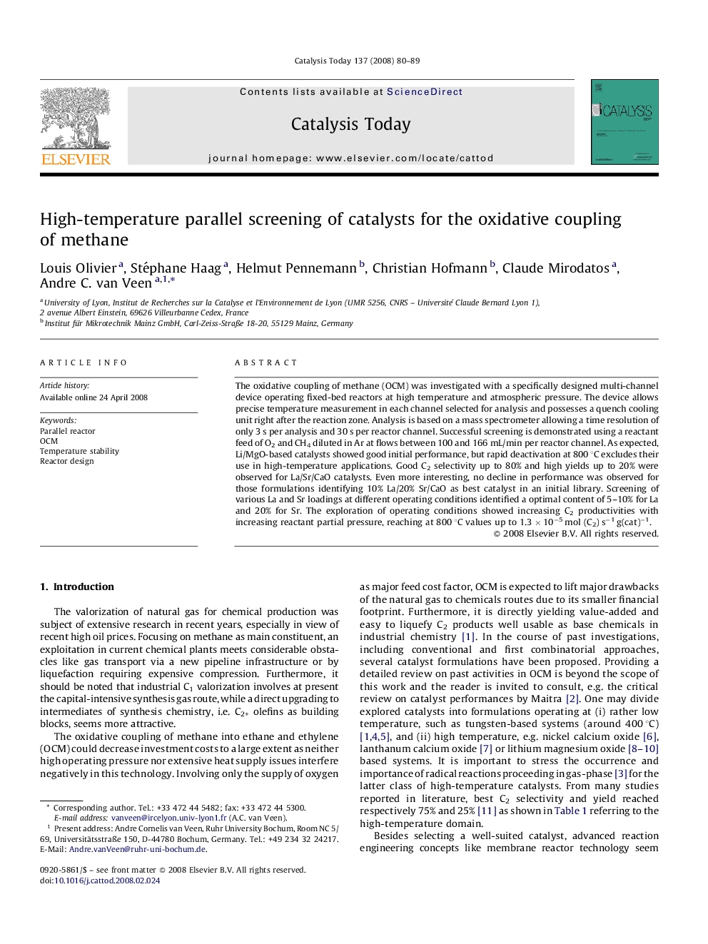 عکس صفحه اول مقاله: High-temperature parallel screening of catalysts for the oxidative coupling of methane High-temperature parallel screening of catalysts for the oxidative coupling of methane