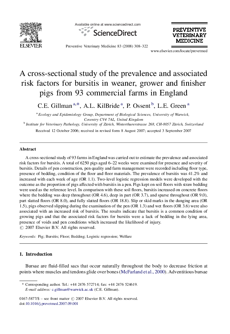 A cross-sectional study of the prevalence and associated risk factors for bursitis in weaner, grower and finisher pigs from 93 commercial farms in England