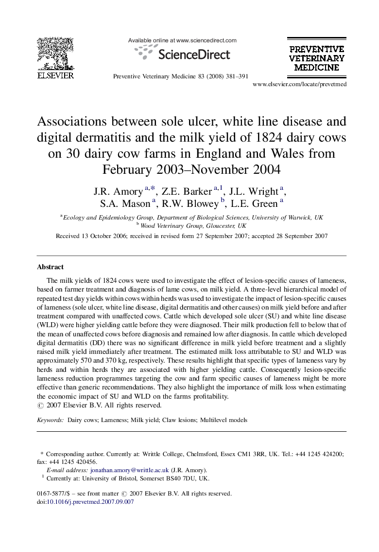 Associations between sole ulcer, white line disease and digital dermatitis and the milk yield of 1824 dairy cows on 30 dairy cow farms in England and Wales from February 2003-November 2004