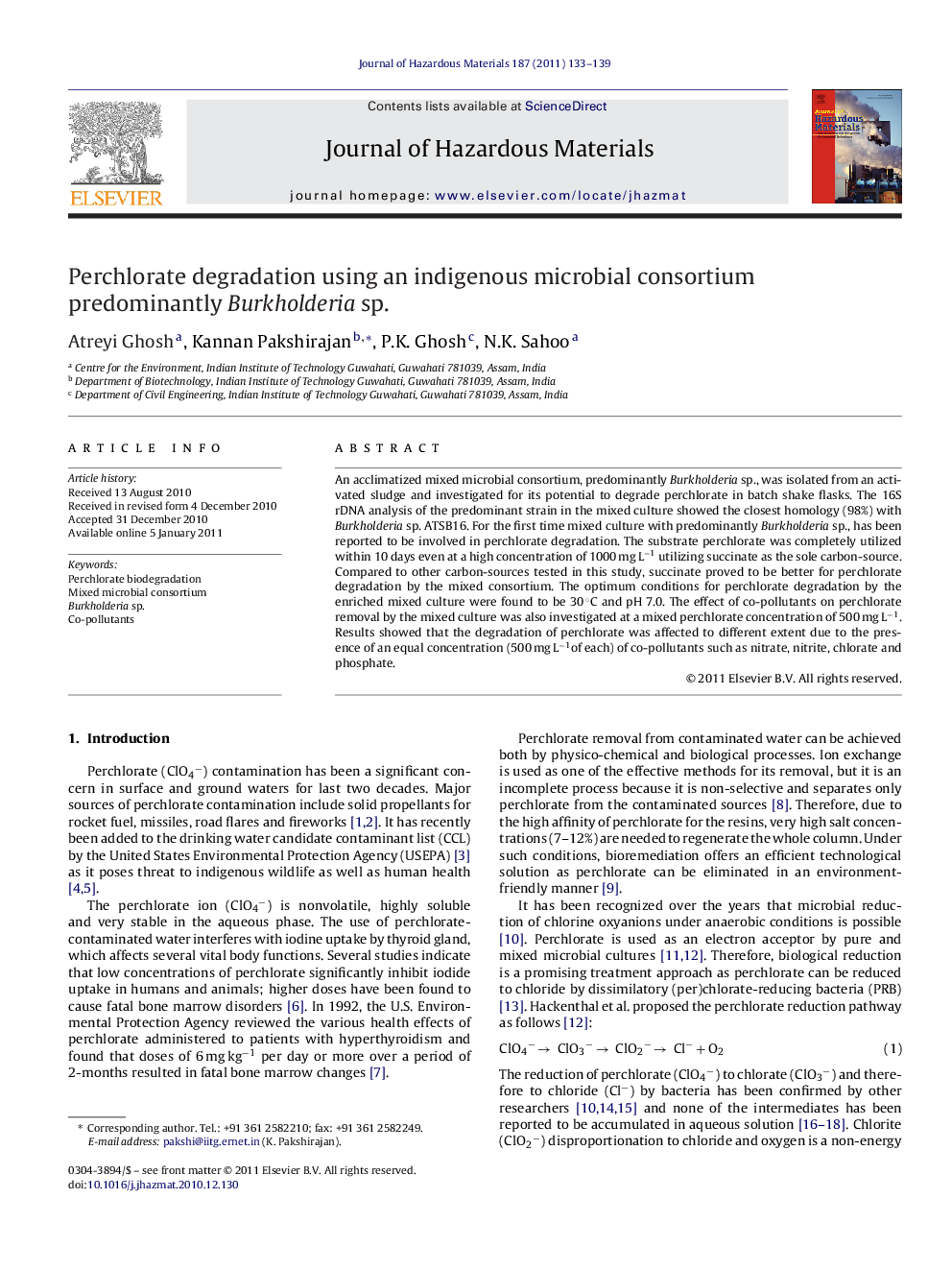 Perchlorate degradation using an indigenous microbial consortium predominantly Burkholderia sp.