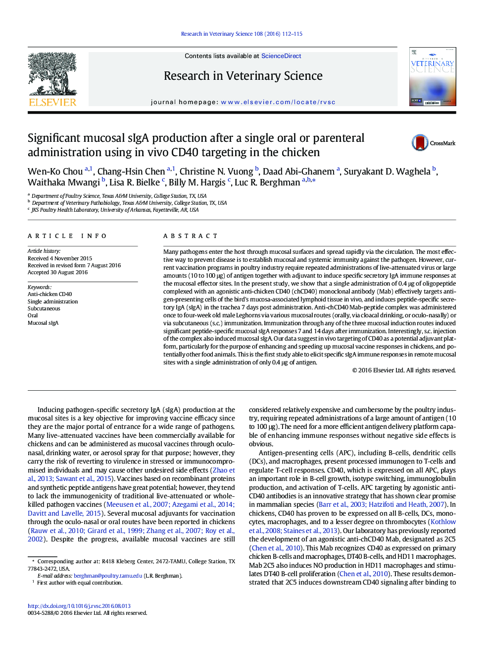 Significant mucosal sIgA production after a single oral or parenteral administration using in vivo CD40 targeting in the chicken