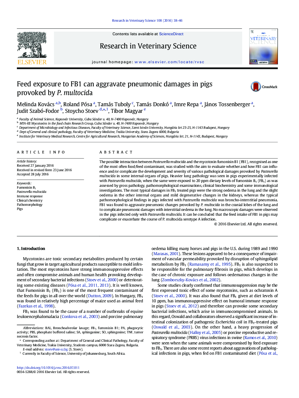 Feed exposure to FB1 can aggravate pneumonic damages in pigs provoked by P. multocida