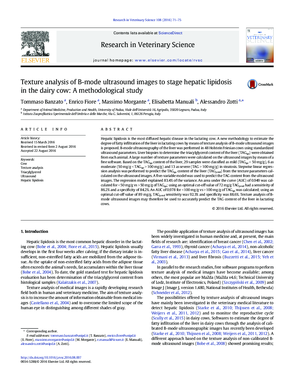 Texture analysis of B-mode ultrasound images to stage hepatic lipidosis in the dairy cow: A methodological study