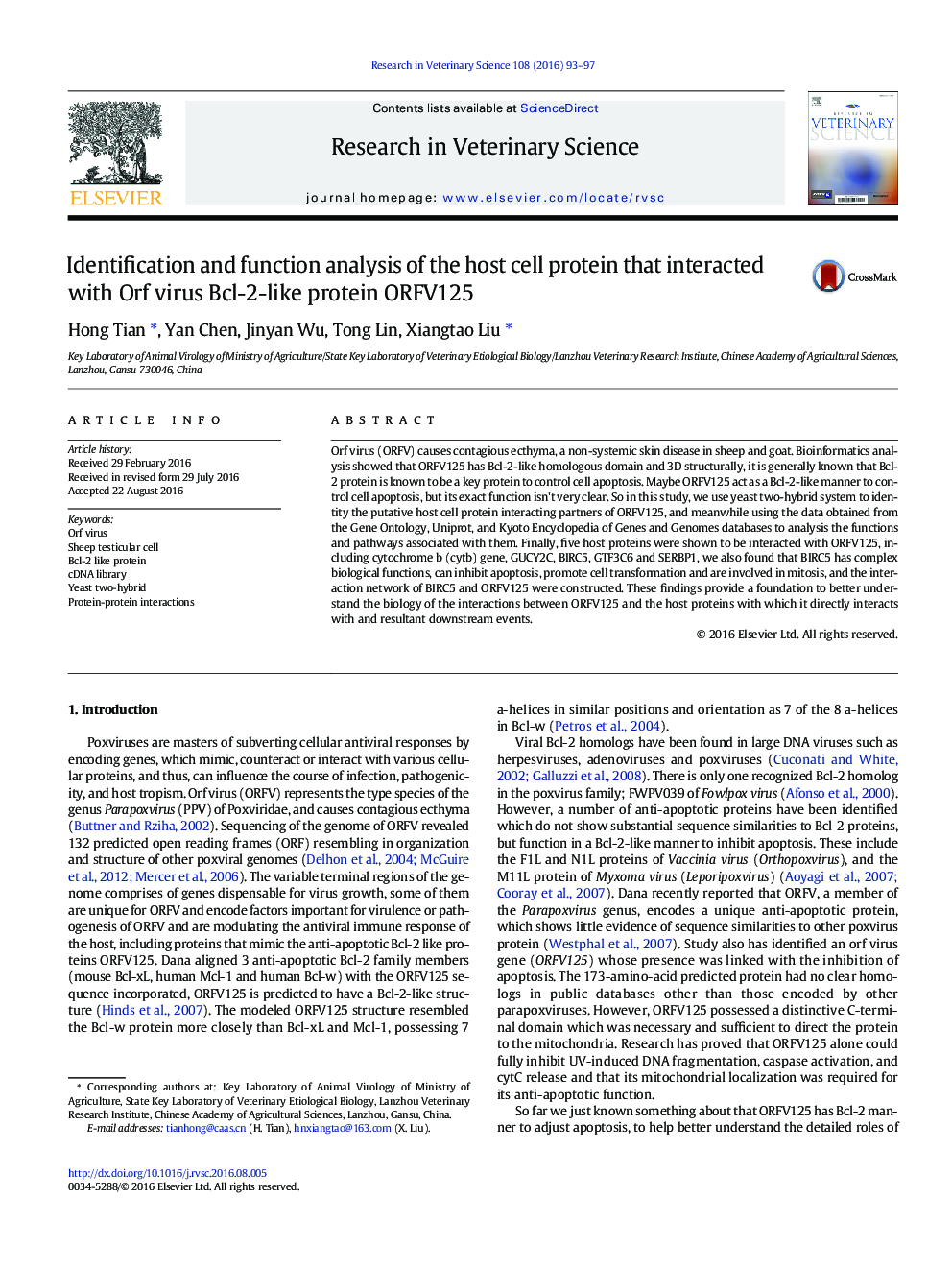 Identification and function analysis of the host cell protein that interacted with Orf virus Bcl-2-like protein ORFV125